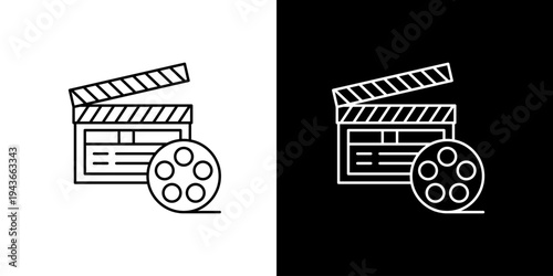 Cinematic Movie Clapperboard and Film Reel Icon on White and Black Background
