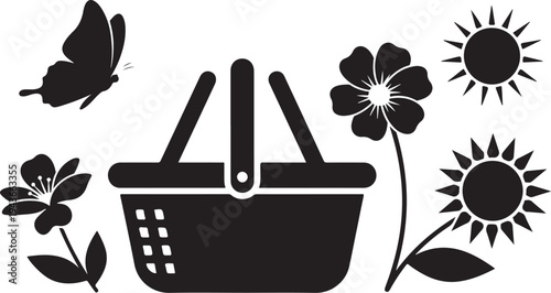 Black silhouette shopping basket with flowers and butterfly icons