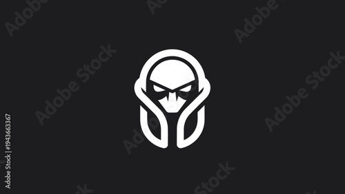 Stylized skull logo with intense eyes and hood.