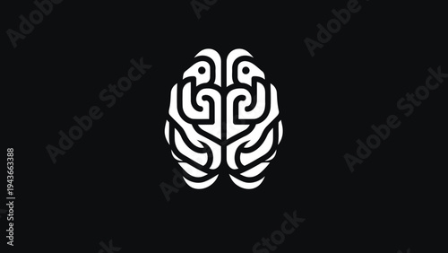 Stylized white brain illustration on black background representing intellect.