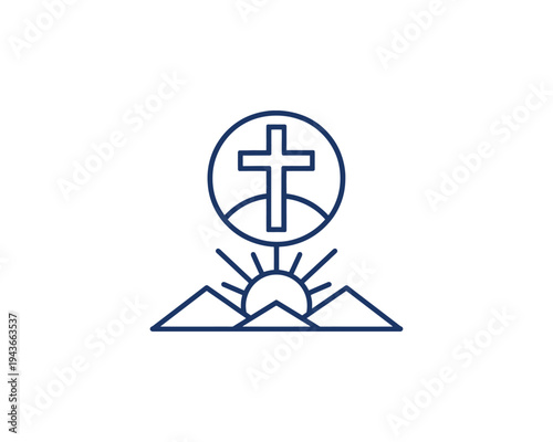 Christian Cross Symbol Sunrise Over Mountains Line Art Logo