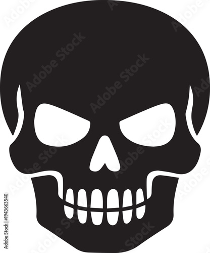 A stylized black and white skull with a menacing expression and hollow eye sockets Vector, illustration