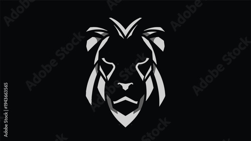 Stylized White Lion Head Emblem on Black Background.