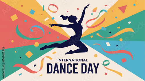 Woman dancing in celebration on international dance day with colorful confetti background