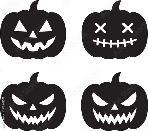 Four distinct jack-o'-lantern faces carved with unique expressions for Halloween decoration Vector, illustration