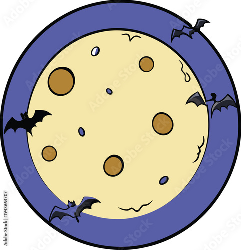 Yellow full moon with black bats flying around it night vector illustration EPS PNG file