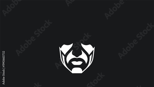 Stylized white face with bold features on black background.
