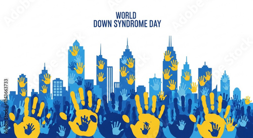 World down syndrome day awareness campaign with blue and yellow cityscape hands