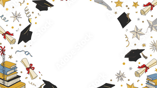 Illustrative flat lay composition of graduation icons and symbols on a white background with colorful academic decorations.