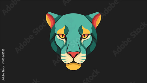 Stylized Teal Panther Head with Vibrant Colors and Intense Gaze.