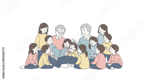 Illustration of a multi-generational family sitting together on the floor in a semi-circle with casual clothing and a plain white background.