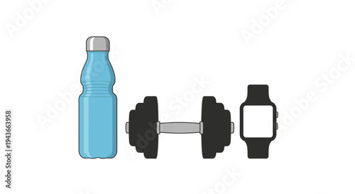 Fitness essentials: water bottle, dumbbell, and smartwatch on white background