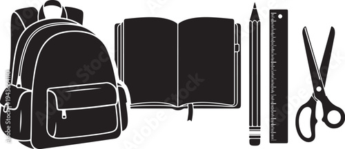 School supplies and backpack in black and white illustration