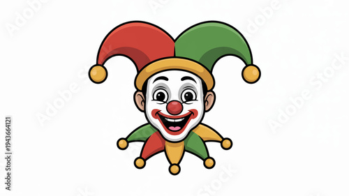 Jester character with colorful hat and makeup smiling cheerfully in a playful mood