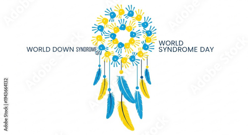 World down syndrome day awareness dreamcatcher with blue and yellow feathers and flowers on white background