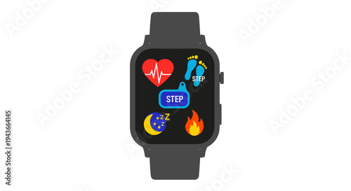 Smartwatch displaying health and fitness icons: heart rate, steps, sleep, calories