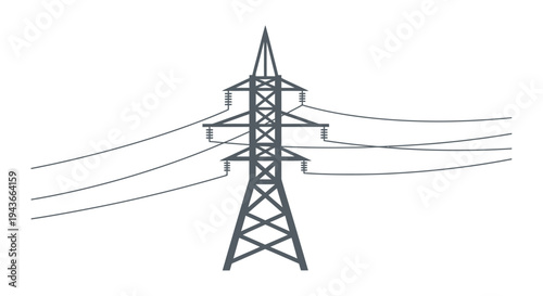 High Voltage Power Line Tower and Wires - Isolated on White Background