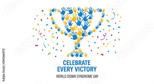 Celebrating world down syndrome day with colorful hands and confetti on white background