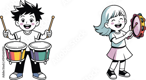 Kids playing musical instruments illustration, children drummer and tambourine player cartoon characters, music education fun vector