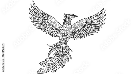 A detailed line drawing of a phoenix bird in flight with outstretched wings and a long tail against a plain white background.