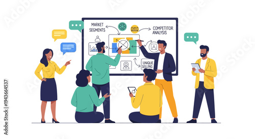 Team Collaborating on Business Strategy Whiteboard Session.