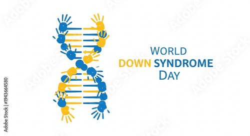 World down syndrome day awareness symbol with dna and hands in blue and yellow colors on white background