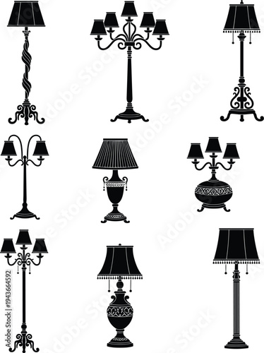 Vintage floor lamp and table lamp silhouette collection featuring classic decorative lighting fixtures isolated vector illustration set for interior design
