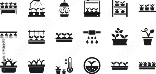 Indoor gardening icon set featuring seedling trays grow lights irrigation systems temperature control and potted plants for modern hydroponic greenhouse and botanical vector design.
