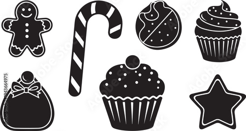 Black and white Christmas icons and sweets illustrations set