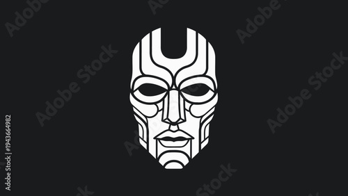 Stylized Tribal Mask with Geometric Patterns and Dark Background.