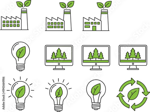 Green energy factory icons set, eco technology sustainability symbols collection, renewable power light bulb recycle vector illustration