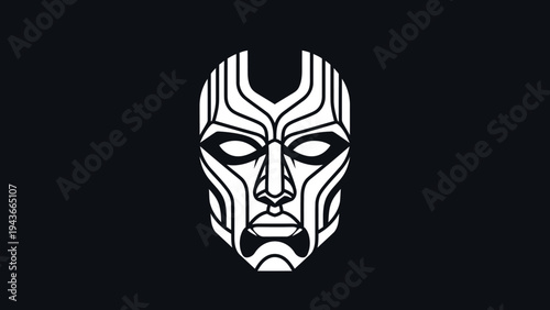 Stylized Tribal Mask with Intricate Line Art Design.