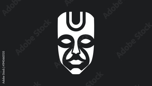 Stylized Tribal Mask with Mustache and U-Shaped Forehead Ornament.