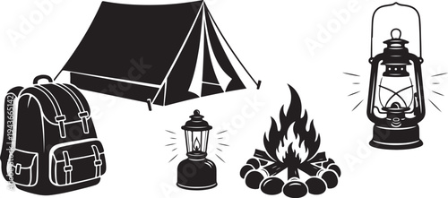 Camping illustration with tent, backpack, lanterns, and campfire