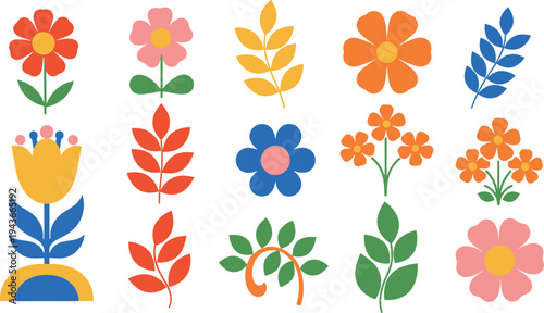 Colorful Scandinavian Floral Vector Set with Folk Style Flowers and Leaves Decorative Nordic Botanical Illustration