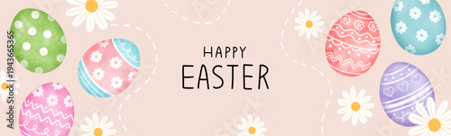 Happy Easter web banner with colorful decorated eggs and white daisies on a soft peach background. Aesthetic spring holiday header design with 'Happy Easter' text, perfect for social media covers.