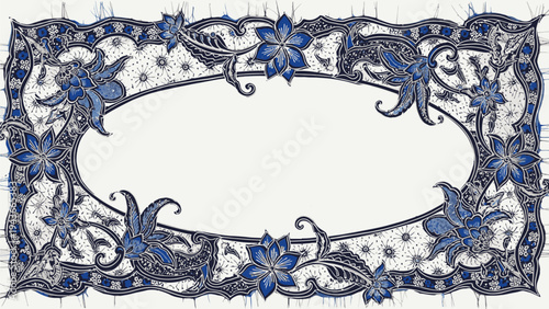 Intricate blue floral border design on a white background with ornate patterns and oval frame.