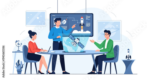 Team Discussing Space Mission Launch Strategy.