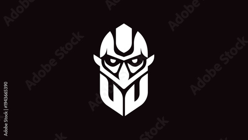 Stylized Warrior Mask Emblem Design White On Black.