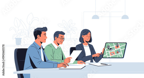 Team meeting discussing navigation and location strategy on tablet.