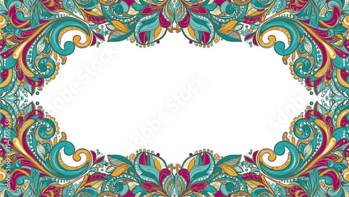 Vibrant floral patterned border with teal, pink, orange and yellow swirling designs on a white background.