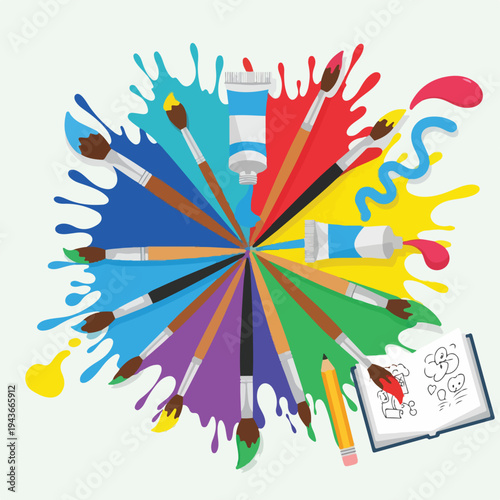 Colorful illustration with paintbrushes, tubes, a pencil, and sketchbook