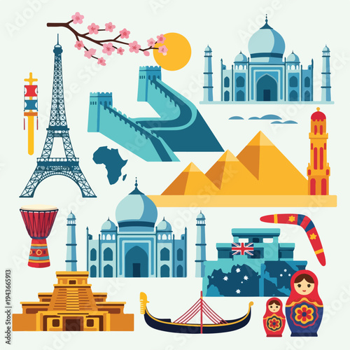 Colorful illustrations of famous landmarks and cultural icons from various countries