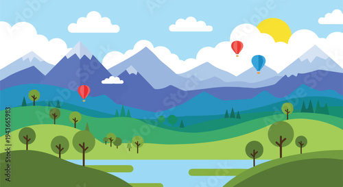 Colorful landscape scene with mountains, balloons, sun, and trees