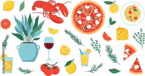 Mediterranean Food Vector Set with Lobster, Pizza, Wine, Cheese, Lemon, Tomatoes and Fresh Italian Cuisine Ingredients