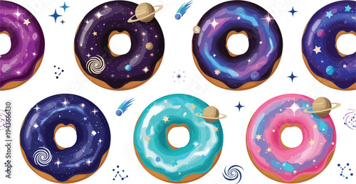 Galaxy themed donut collection with cosmic glaze planets stars and nebula swirls, colorful space dessert vector illustration set