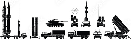 Military missile launcher vehicles and air defense systems silhouettes, army rocket launchers trucks radar tanks modern battlefield weapon equipment vector set