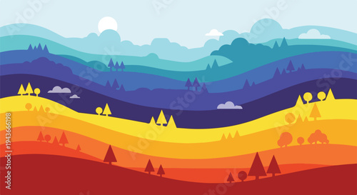 Colorful, layered landscape with trees, sun, and stylized clouds