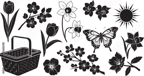 Black and white floral illustrations with butterfly and basket