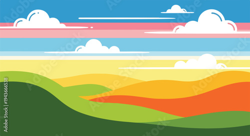 Colorful vector illustration featuring stylized rolling hills and fluffy clouds